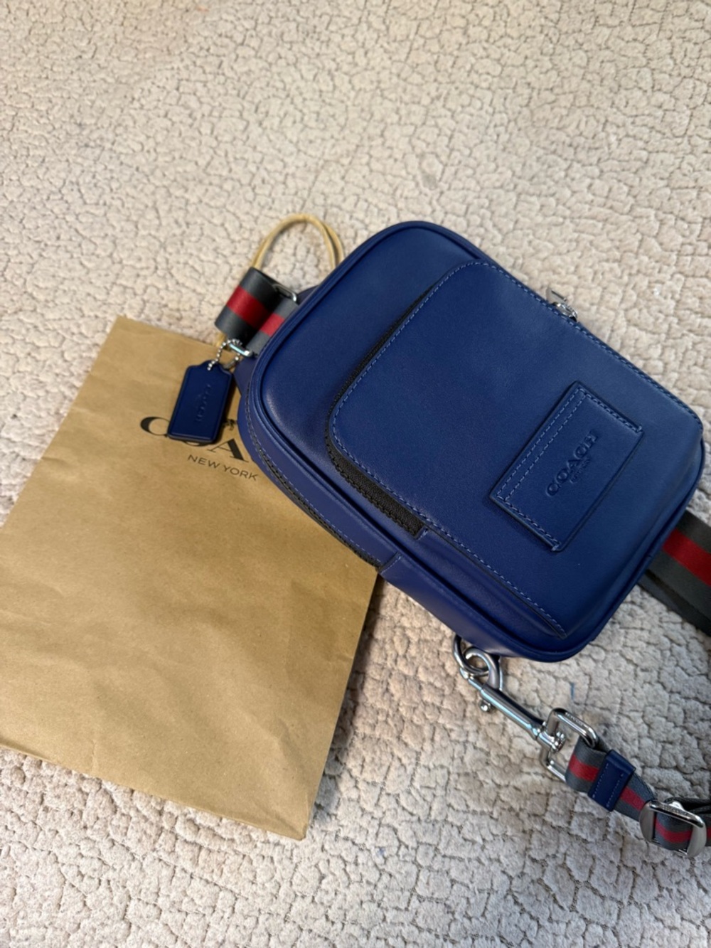 Coach Navy Leather Belt Bag with Striped Strap